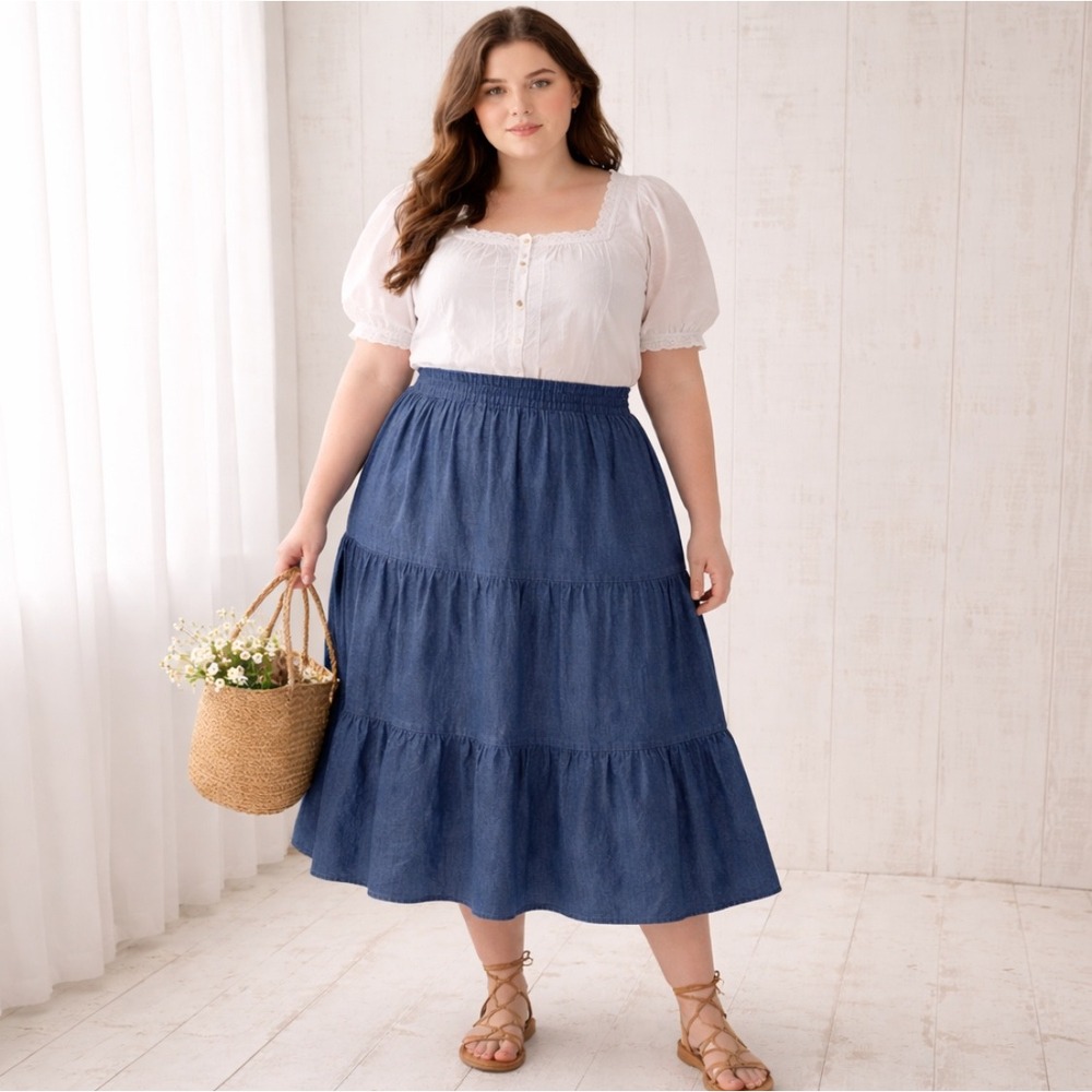 CW Classics Denim Tiered Midi Skirt Womens 1X Cotton Pull On Boho Festival Blue